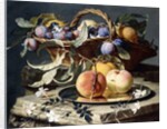 Peaches and Plums in a Wicker Basket, Peaches on a Silver Dish and Narcissi on Stone Plinths by Christian Berentz