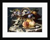 Peaches and Plums in a Wicker Basket, Peaches on a Silver Dish and Narcissi on Stone Plinths by Christian Berentz