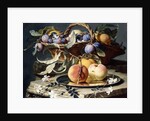 Peaches and Plums in a Wicker Basket, Peaches on a Silver Dish and Narcissi on Stone Plinths by Christian Berentz