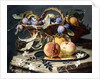 Peaches and Plums in a Wicker Basket, Peaches on a Silver Dish and Narcissi on Stone Plinths by Christian Berentz