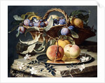 Peaches and Plums in a Wicker Basket, Peaches on a Silver Dish and Narcissi on Stone Plinths by Christian Berentz