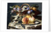 Peaches and Plums in a Wicker Basket, Peaches on a Silver Dish and Narcissi on Stone Plinths by Christian Berentz