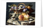 Peaches and Plums in a Wicker Basket, Peaches on a Silver Dish and Narcissi on Stone Plinths by Christian Berentz