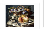 Peaches and Plums in a Wicker Basket, Peaches on a Silver Dish and Narcissi on Stone Plinths by Christian Berentz