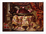 A platter of Strawberries with Flowers on a Pillow and a Tazza of Figs on a Table draped with an Embroidered Cloth, with Birds and Chest beside a Curtain and Window by Antonio Gianlisi