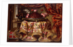 A platter of Strawberries with Flowers on a Pillow and a Tazza of Figs on a Table draped with an Embroidered Cloth, with Birds and Chest beside a Curtain and Window by Antonio Gianlisi