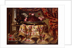 A platter of Strawberries with Flowers on a Pillow and a Tazza of Figs on a Table draped with an Embroidered Cloth, with Birds and Chest beside a Curtain and Window by Antonio Gianlisi