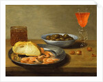 A Plate with Prawns and a Roll and Bowl with Olives by Jacob Foppens van Es