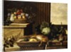 Fruit in a Wicker Basket with Figs on a Plinth, Dead Game, a Cabbage, a Melon, a Gourd and an Artichoke on a stone Ledge, a Window beyond by Pierre Dupuis