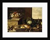 Fruit in a Wicker Basket with Figs on a Plinth, Dead Game, a Cabbage, a Melon, a Gourd and an Artichoke on a stone Ledge, a Window beyond by Pierre Dupuis
