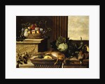 Fruit in a Wicker Basket with Figs on a Plinth, Dead Game, a Cabbage, a Melon, a Gourd and an Artichoke on a stone Ledge, a Window beyond by Pierre Dupuis