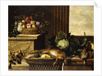 Fruit in a Wicker Basket with Figs on a Plinth, Dead Game, a Cabbage, a Melon, a Gourd and an Artichoke on a stone Ledge, a Window beyond by Pierre Dupuis