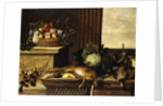 Fruit in a Wicker Basket with Figs on a Plinth, Dead Game, a Cabbage, a Melon, a Gourd and an Artichoke on a stone Ledge, a Window beyond by Pierre Dupuis