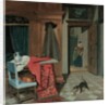 Interior with a carpet, a sword and a jug on a table, a cello on a chair, a coat hanging on a cupboard, a cat playing with a ball, a maid beyond by Cornelis de Man