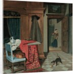 Interior with a carpet, a sword and a jug on a table, a cello on a chair, a coat hanging on a cupboard, a cat playing with a ball, a maid beyond by Cornelis de Man