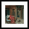 Interior with a carpet, a sword and a jug on a table, a cello on a chair, a coat hanging on a cupboard, a cat playing with a ball, a maid beyond by Cornelis de Man