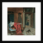 Interior with a carpet, a sword and a jug on a table, a cello on a chair, a coat hanging on a cupboard, a cat playing with a ball, a maid beyond by Cornelis de Man