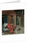 Interior with a carpet, a sword and a jug on a table, a cello on a chair, a coat hanging on a cupboard, a cat playing with a ball, a maid beyond by Cornelis de Man