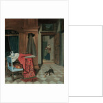 Interior with a carpet, a sword and a jug on a table, a cello on a chair, a coat hanging on a cupboard, a cat playing with a ball, a maid beyond by Cornelis de Man