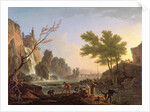 Fisherman in a landscape with a cascade and a bridge by Claude Joseph Vernet