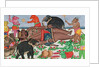 Ramayana scene: a group of demons awakening their prince in hibernation by School Indian