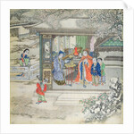 Scene in a garden with a family receiving visitors by School Chinese