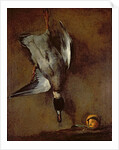 A mallard duck hanging on a wall with a Seville orange, 1720-30 by Jean-Baptiste Simeon Chardin