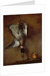 A mallard duck hanging on a wall with a Seville orange, 1720-30 by Jean-Baptiste Simeon Chardin