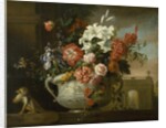 Still life with flowers in an urn, with a monkey, on a ledge, c.1699 by Jakob Bogdani or Bogdany