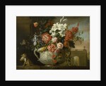 Still life with flowers in an urn, with a monkey, on a ledge, c.1699 by Jakob Bogdani or Bogdany