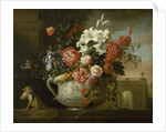 Still life with flowers in an urn, with a monkey, on a ledge, c.1699 by Jakob Bogdani or Bogdany