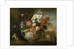 Still life with flowers in an urn, with a monkey, on a ledge, c.1699 by Jakob Bogdani or Bogdany