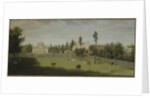 View of the new villa, old house and stables from across Burlington Lane, Chiswick Villa by Pieter Andreas Rysbrack
