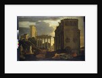 Capriccio view with figures by a triumphal arch and the Temples of Saturn and Jupiter Tonans by Jean Lemaire