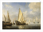 Shipping in a calm with a States Yacht off the end of a pier, c.1680 by Willem van de the Younger Velde
