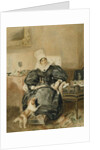 Portrait of a lady by a table with a dog by William Henry Hunt