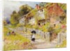 Cottages - a row of cottages with a figure and other children playing by William Stephen Coleman