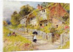 Cottages - a row of cottages with a figure and other children playing by William Stephen Coleman