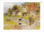 Cottages - a row of cottages with a figure and other children playing by William Stephen Coleman