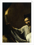 A man holding a torch and burying a dead by Michelangelo Merisi da Caravaggio