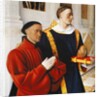 Left hand panel of the Melun Diptych: Etienne Chevalier with his patron saint St Stephen, 1452 by Jean Fouquet