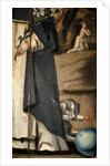 Detail showing the lily, staff and dog with torch, attributions of St. Dominic by Spanish School