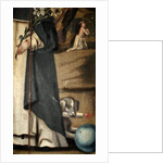 Detail showing the lily, staff and dog with torch, attributions of St. Dominic by Spanish School