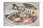 Miniature of Krishna a milkmaid seated in a field with cattle by School Indian