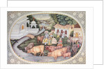 Miniature of Krishna a milkmaid seated in a field with cattle by School Indian