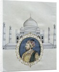 Portrait of Shah Jahan and the Taj Mahal which he built to house the tomb of his wife by School Indian