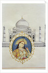 Portrait of Arjumand Banu Begum Mumtaz-i Mahal and the Taj Mahal, built to house her tomb by her husband Shah Jahan by School Indian