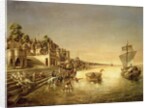 View of Benares with People Bathing and Praying in the Ganges by August Theodor Schoefft