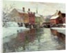 Snow-covered buildings by a river by Fritz Thaulow