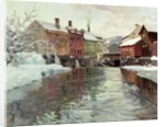 Snow-covered buildings by a river by Fritz Thaulow